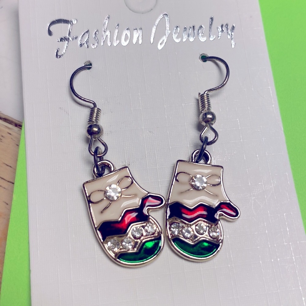 Dangle mittens earrings with rhinestones - Picture 2 of 4